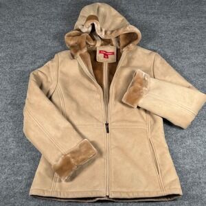Retro Gloria Vanderbilt Hood Faux Suede Jacket Faux Fur Trim Heavyweight Winter